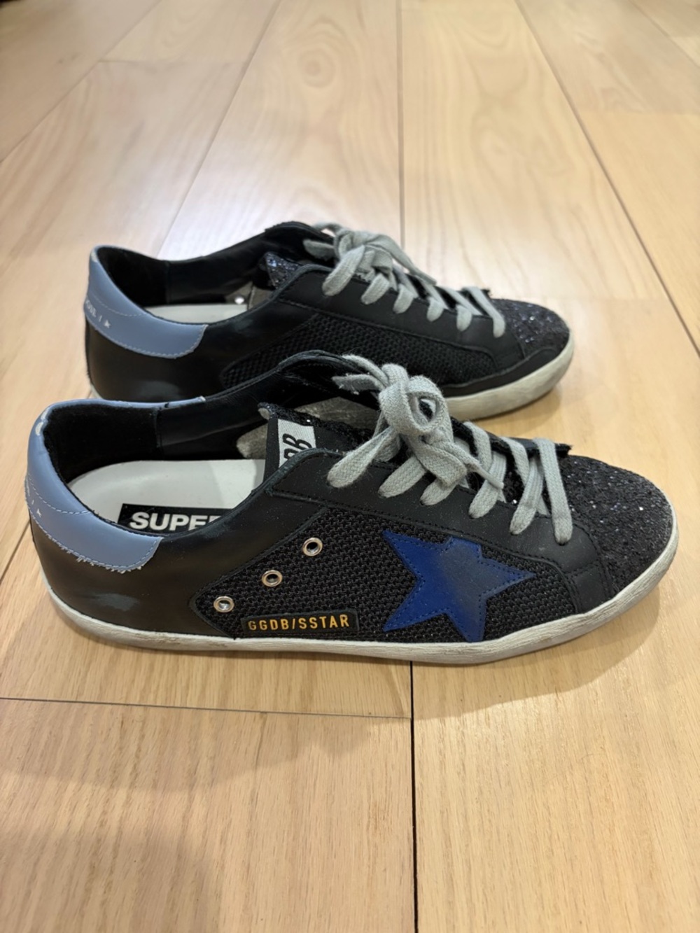 Golden Goose Blue and Black glitter Superstar Net And Leather Sneakers